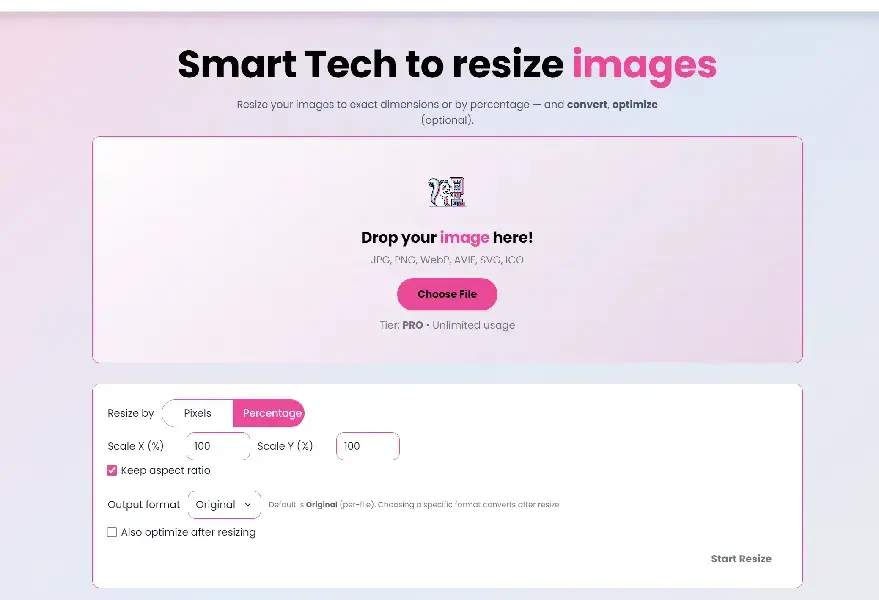 The Image Resizer tool — simple controls for width and height